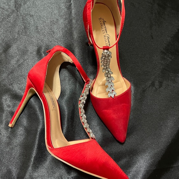 American Glamour Badgley Mischka Red Satin Heel with Rhinestones - Picture 2 of 2